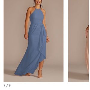 David’s Bridal high-neck chiffon bridesmaid dress with cascade steel blue